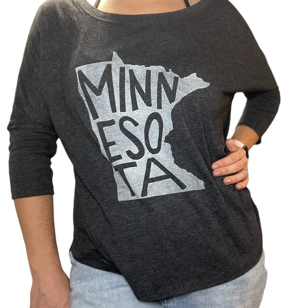 Minnesota State Outline Sweater Grey+White Dolman Sleeve Hi-Low Hem Top size L